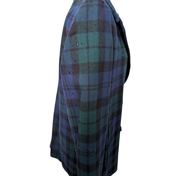 Vintage Checked 100% Wool Coat with Austrian Crystals - Blue Green Tartan - Picture 11 of 15